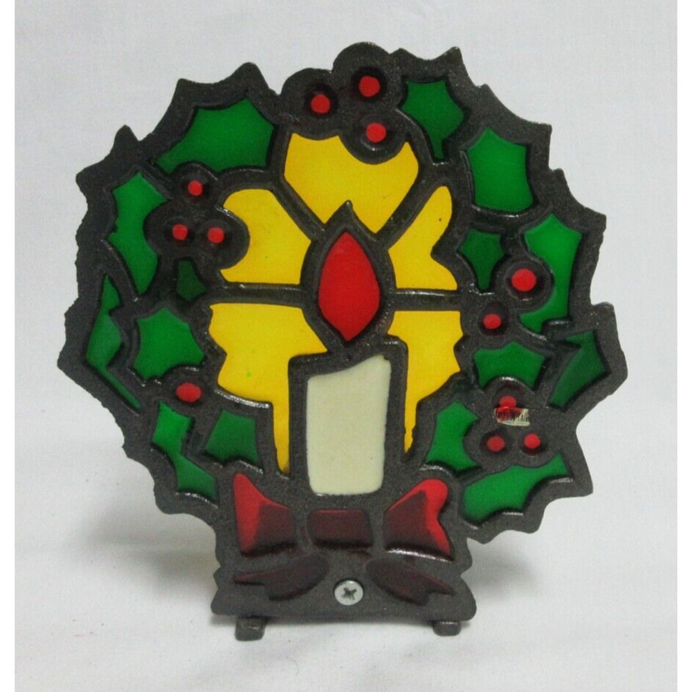 VTG Cast Iron Candle Holder Stained Glass Holly Wreath TAIWAN ORG. CANDLE HOLIDA